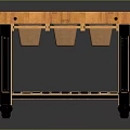 Wooden Kitchen Workbench with Black Frame Three Baskets and Striped Lower Shelf on Wheels