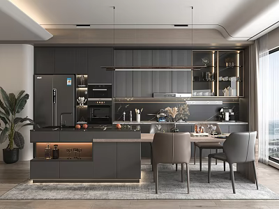 Modern Restaurant Interior With Open Concept Dining Table Black Cabinets And Pendant Lights 3d model