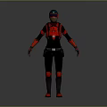 3D Character Model In Black Red Costume With Green Helmet Backpack And Red Knee Pads