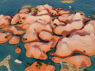 Bird's Eye View Planning of Wavy Orange Islands with Blue Water Palm Trees and Boats 3d model