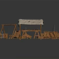 Bamboo Structure Model With White Canopy Wooden Tables Chairs And Blue Base