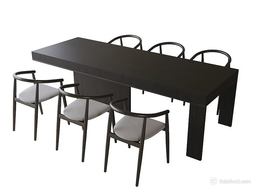 Modern Minimalist Dark Wood Dining Table Set With Light Upholstered Chairs 3d model