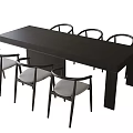 Modern Minimalist Dark Wood Dining Table Set With Light Upholstered Chairs 3d model