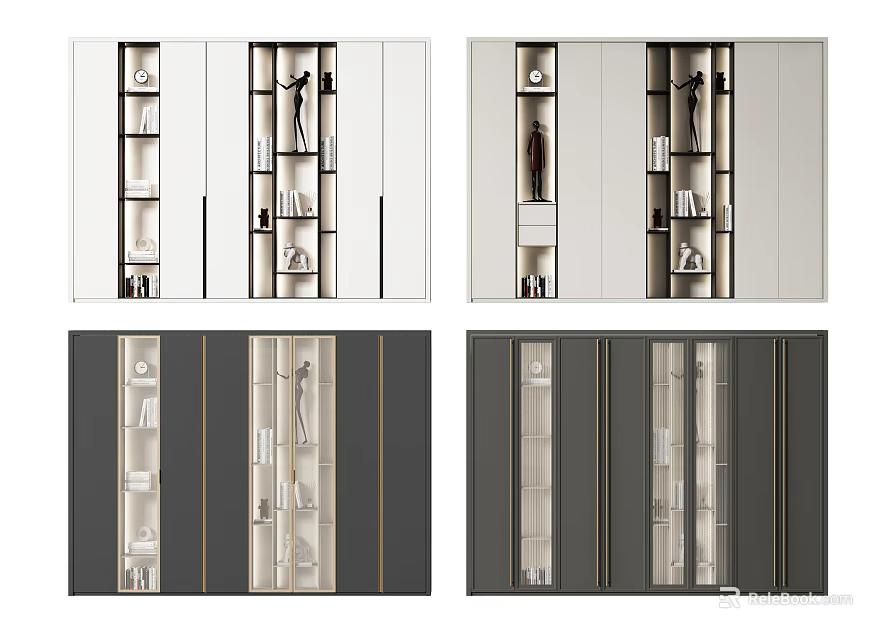 Modern Bookcase Interior With Glass Doors White Dark Gray Shelves And Decor 3d model 