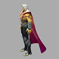 Man with White Hair and Red Cape in Gold and Red Costume with Muscular Build