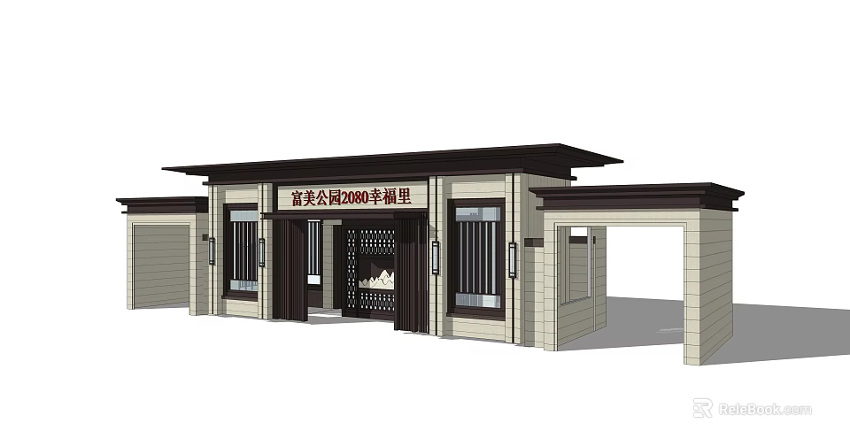 Traditional Chinese Style Entrance Gate for Community with Sloped Roof and Wooden Doors 3d model 