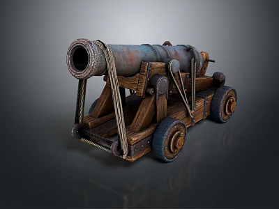 Ancient Cannon With Wooden Carriage Metal Barrel And Iron Wheels 3d model
