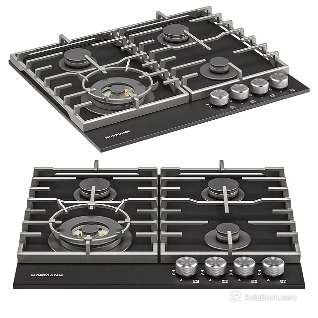 Modern Kitchen Gas Hob with Four Burners Black Glass Surface and Front Control Knobs 3d model 