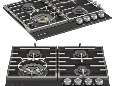 Modern Kitchen Gas Hob with Four Burners Black Glass Surface and Front Control Knobs 3d model