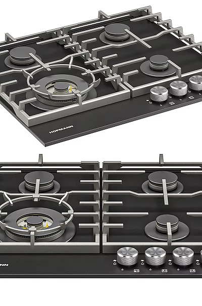 Modern Kitchen Gas Hob with Four Burners Black Glass Surface and Front Control Knobs 3d model