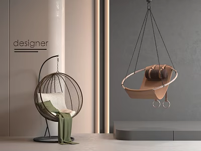 Modern Hanging Chair Designs Wicker Spherical And Metal Frame With Cushion Green Throw In Interior 3d model