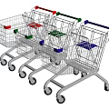Colorful Metal Shopping Carts With Blue Red Green Handles As Public Facility