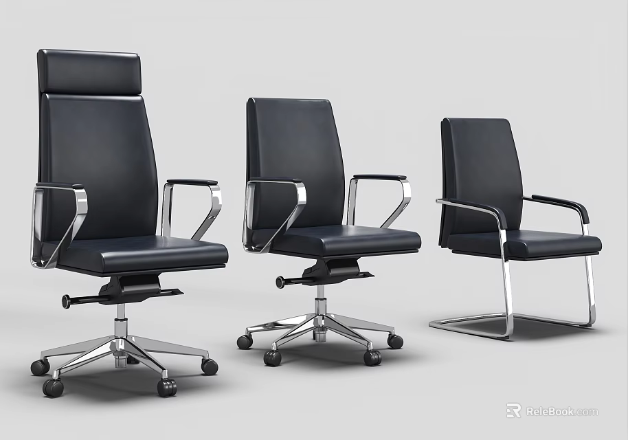 Three Different Styles Black Office Chair With Leather Upholstery And Metal Frame Swivel Wheels 3d model 