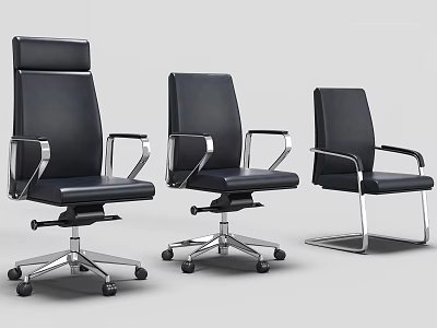 Three Different Styles Black Office Chair With Leather Upholstery And Metal Frame Swivel Wheels 3d model