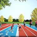 Outdoor Colorful Track With Footprint Patterns Children And Adults Playing Under Blue Sky