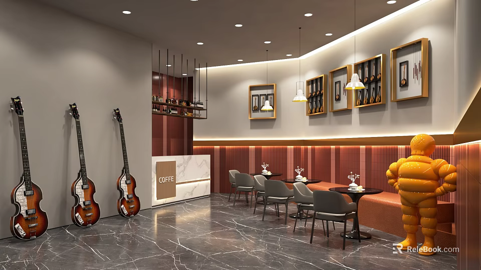 Elegant Restaurant Interior With Guitar Decorations Orange Sculpture Marble Floor Hanging Lights And Dining Tables 3d model 