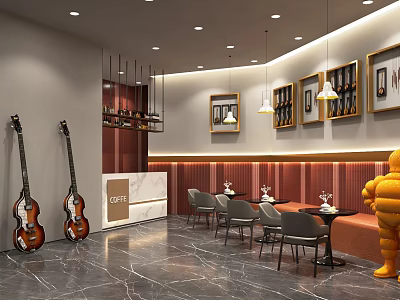 Elegant Restaurant Interior With Guitar Decorations Orange Sculpture Marble Floor Hanging Lights And Dining Tables 3d model