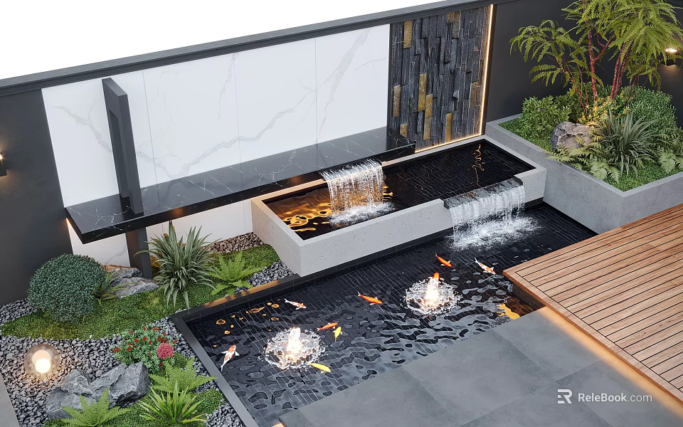 Courtyard Garden With Koi Fish Pools Waterfalls Lush Greenery Stone Slabs Wooden Deck And Bamboo 3d model 