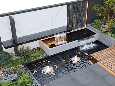 Courtyard Garden With Koi Fish Pools Waterfalls Lush Greenery Stone Slabs Wooden Deck And Bamboo 3d model
