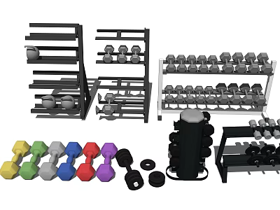 Various Colored Dumbbells With Multi Layer Racks For Home Fitness Storage Equipment 3d model