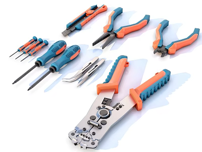 Hardware Tools Set with Orange Blue Handles Including Pliers Screwdrivers for Home DIY Projects 3d model