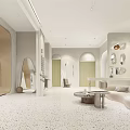 Modern Bridal Shop with White Wedding Dress Display Beige Curtains Wall Art And Round Tables