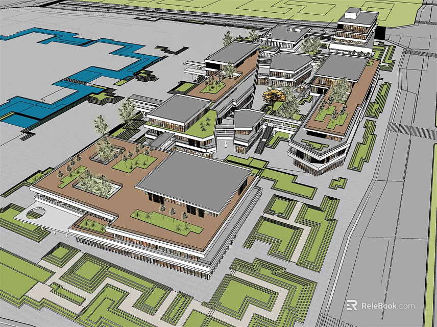 Modern Commercial Street Design With Rooftop Greenery Buildings And Open Plazas 3d model 