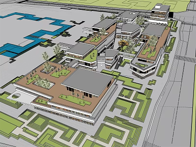 Modern Commercial Street Design With Rooftop Greenery Buildings And Open Plazas 3d model