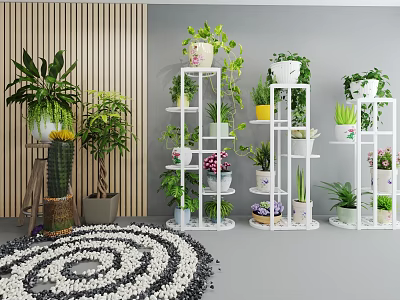 Elegant Flower Vases and Green Plants on White Multi Tiered Shelves Indoor Decor 3d model