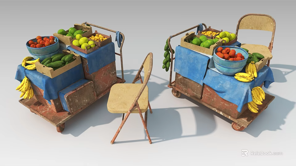 Two Vintage Fruit Carts With Fresh Berries Bananas And Green Apples On Blue Cloth 3d model 