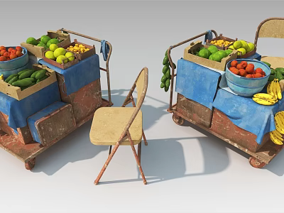 Two Vintage Fruit Carts With Fresh Berries Bananas And Green Apples On Blue Cloth 3d model