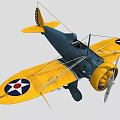Blue and Yellow Vintage Biplane Fighter Aircraft with U.S. Star Insignia and American Flag Tail