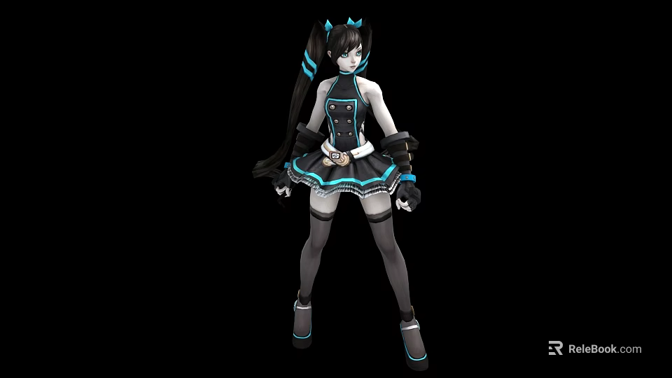 Game Anime Character With Long Black Hair Blue Pigtails And Stylish Outfit Design 3d model 