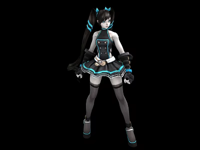 Game Anime Character With Long Black Hair Blue Pigtails And Stylish Outfit Design 3d model