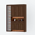 Dark Brown Wooden Wine Cabinet With Glass Door Glasses LED Lighting Countertop And Decorative Items
