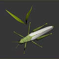 Green Grasshopper With Red Eyes And White Wings Near Green Grass Leaves On Gray Background