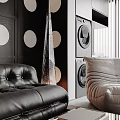 Stylish Living Room Interior With Leather Sofa Bookshelf Table Lamp And Wall Magazines Posters