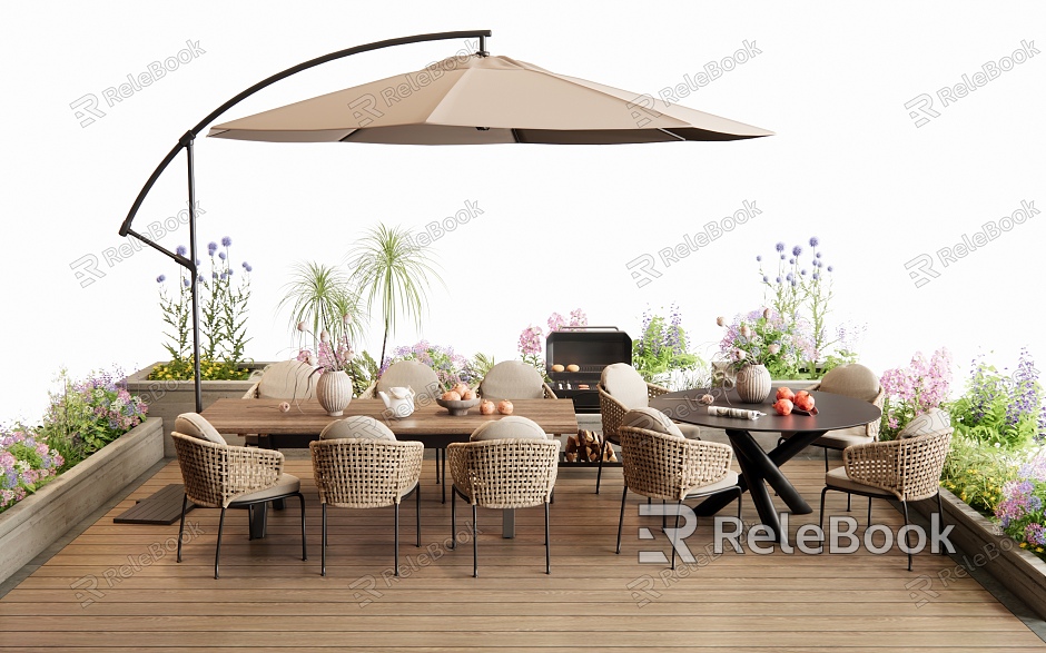 Modern Outdoor Table and Chair Outdoor Dining Table Flower Pond Green Planting Flower Grill Flower and Rattan Outdoor Chair model