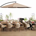 Elegant Outdoor Table with Woven Chairs Umbrella Grill Plants and Flowers on Wooden Deck
