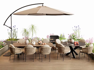 Elegant Outdoor Table with Woven Chairs Umbrella Grill Plants and Flowers on Wooden Deck 3d model