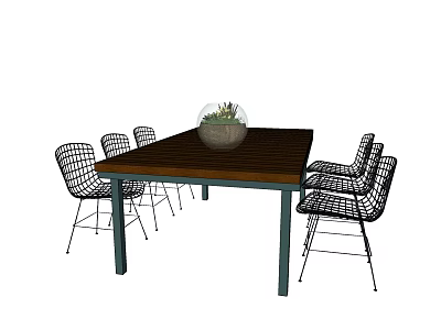 Stylish Dining Table Set With Wooden Top Metal Mesh Chairs And Glass Planter 3d model