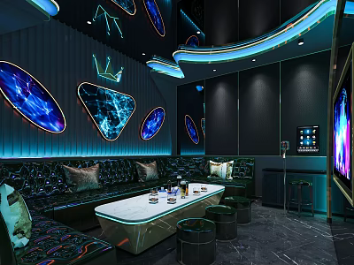 Modern KTV Lounge Interior With Illuminated Blue Decor And Comfortable Sofa 3d model
