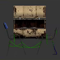Rusted Box With Open Lid Featuring Folding Chairs Blue Parts And Green Ropes