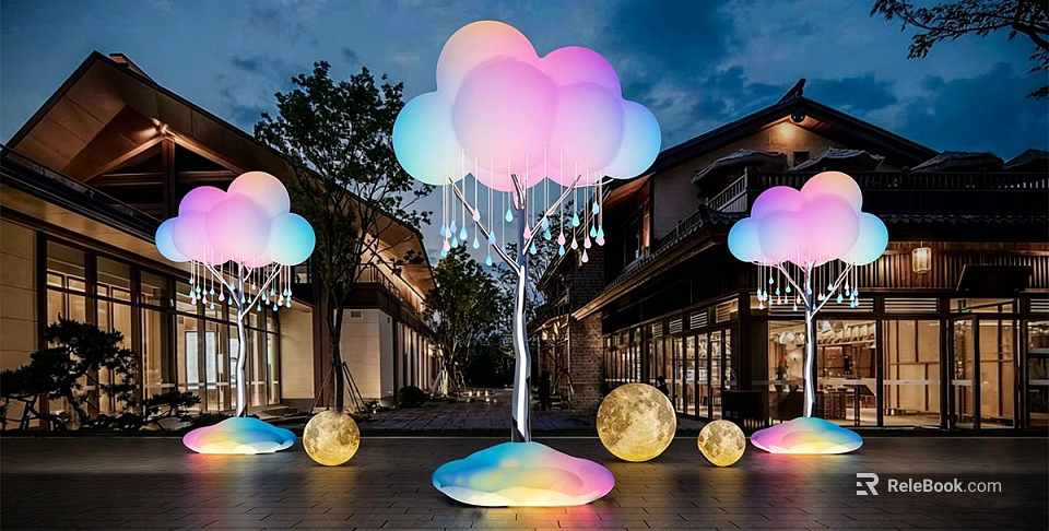 Illuminated Cloud Art Installation With Colorful Base Raindrop Ornaments And Moon Balls In Outdoor Night 3d model 
