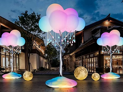 Illuminated Cloud Art Installation With Colorful Base Raindrop Ornaments And Moon Balls In Outdoor Night 3d model