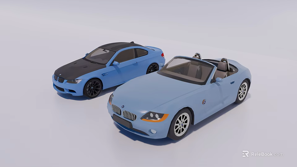 Blue Convertible And Coupe Cars With Sporty Black Roof Design 3d model 