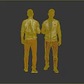 Two Men in White Jackets Red Pants One Holding Cup Against Gray Background
