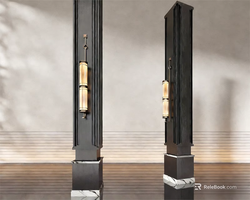 Tall Black Columns Featuring Decorative Lamps And Marble Bases On Wooden Floor 3d model 