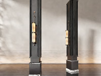 Tall Black Columns Featuring Decorative Lamps And Marble Bases On Wooden Floor 3d model