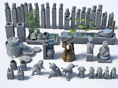 Decorative Garden Ornaments With Stone Statues Lanterns Small Fountains And Potted Plants 3d model